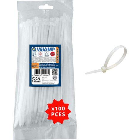 100x Attache, Colliers de Serrage en Nylon 6.6, Serre Cables, 200 mm x 3,6 mm, Résistants aux UV et à la Chaleur, Blanc (1/4)