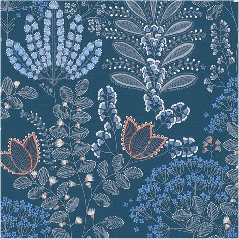 Flowers wallcovering wall Profhome 393494 hot embossed non-woven wallpaper slightly textured with floral ornaments matt blue white grey orange red 5,33 m2 (1/5)