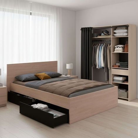 Conjunto de Cama con Vestidor, Cama 135-140x190 cm con 4 cajones y Vestidor Roble Brooklyn y Negro Stipple