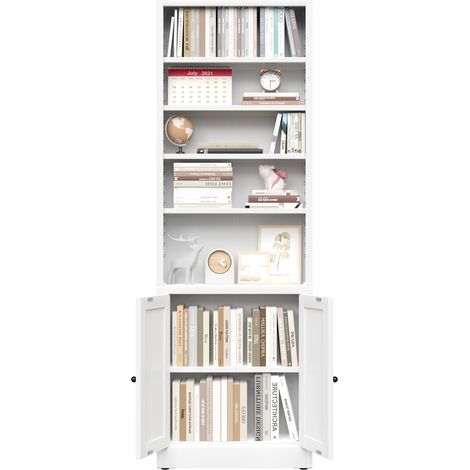 Bibliothèque métallique à 5 étagères et porte, style industriel blanc, étagères réglables, dimensions H 180 × L 60 × P 23,6 cm, idéale pour le salon, le bureau ou une bibliothèque, mobilier moderne (1/5)
