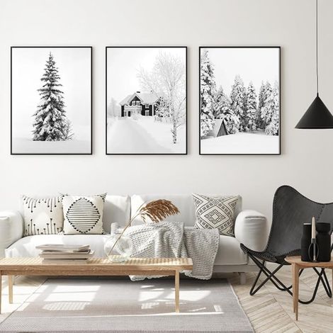 Modernes, künstlerisches Wandbild (20 x 30 cm) mit verschneiter Landschaft und Weihnachtshirschen im Winter, ungerahmt, für das Wohnzimmer