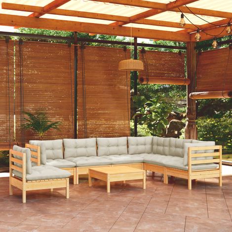 FIMEI Salon de jardin 8 pcs avec coussins crème Bois de pin solide (1/5)