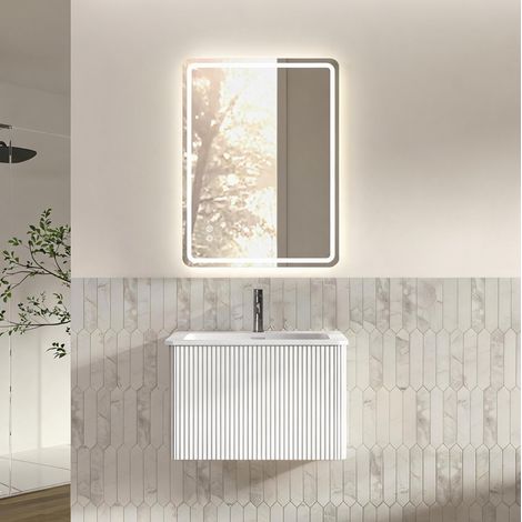 Set mobili bagno con specchio LED, mobile lavabo sospeso 60 cm con cassetto, bianco (1/5)
