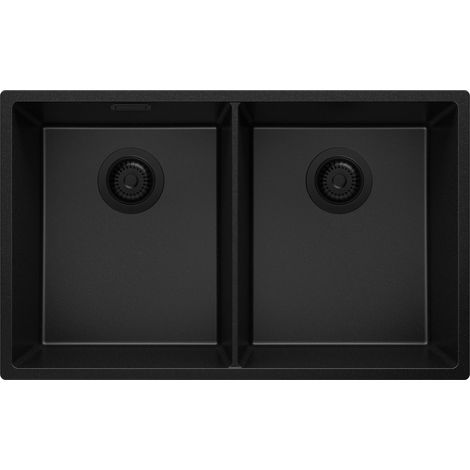 PRIMAGRAN Evier Sous Plan 76x47cm, Evier en Granit 2 bacs + Kit de Vidage, Évier au meuble 80cm - London Twin, Tout Noir (1/5)