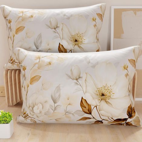 Lot de 2 Taies d'Oreillers 50x70 cm 100% Microfibre Hypoallergénique, Housse Oreiller Rectangulaire Motif Floral Beige, Paquet de 2 (1/5)