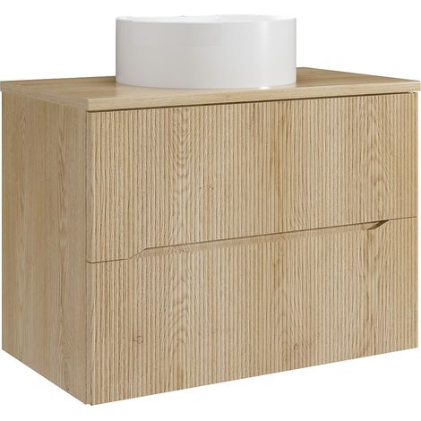 Meuble de salle de bain suspendu strié avec vasque à poser ronde - Naturel clair - 80 cm - ORISO (1/4)