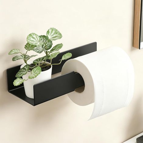 Porte Papier Toilette sans Perçage avec Tablette, 304 Acier Inoxydable Porte-Papier Hygiénique Auto-adhésif, Porte Rouleau Papier Toilette Mural pour Cuisine et Salle de Bain, Noir (1/5)