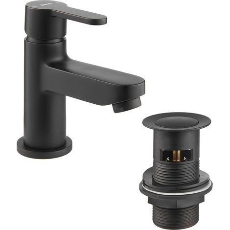 Deva Ethos Single Lever Mini Basin Mixer Tap with Waste - Matt Black (1/4)
