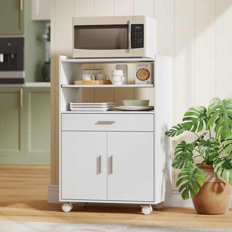 Carrito de cocina con ruedas, carrito para microondas con cajón y estantes, 59 x 40 x 92 cm, blanco