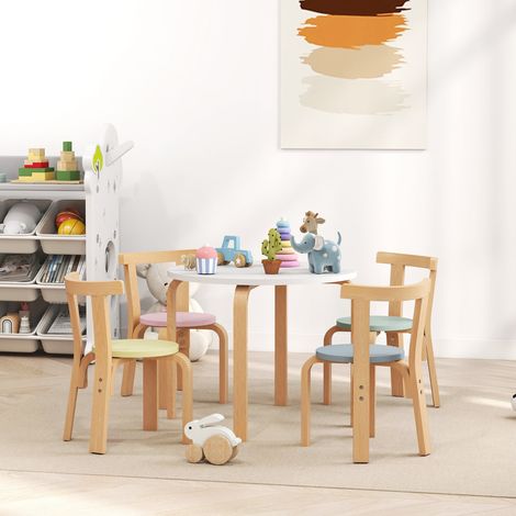 Set di tavolo e sedie per bambini composto da 5 pezzi, in legno massello leggero e colorato. (1/5)