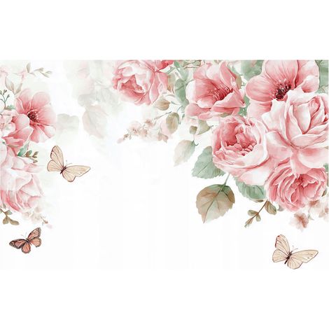 Papier peint mural roses suspendues papillons intissé grand format design intérieur salon chambre pas cher 150x105 cm (1/5)