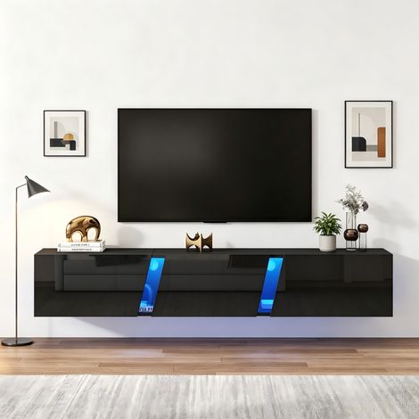 Mobile porta TV a parete 180x35x30 cm con LED, USB e 3 ante a ribalta, per TV da 75 pollici, nero lucido e acrilico (1/5)