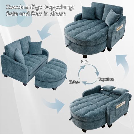 Canapé convertible 2 en 1 avec ottoman de stockage, tissu doux et respirant, structure en bois d'eucalyptus écologique, parfait pour petit salon, bureau ou chambre, couleur bleu. (1/5)