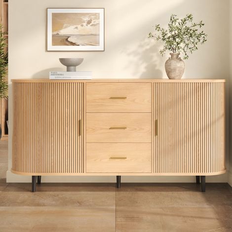 Credenza 160 cm con 3 cassetti e ante scorrevoli, bordi arrotondati scanalati, mobile contenitore per sala da pranzo e ingresso - Naturale (1/5)