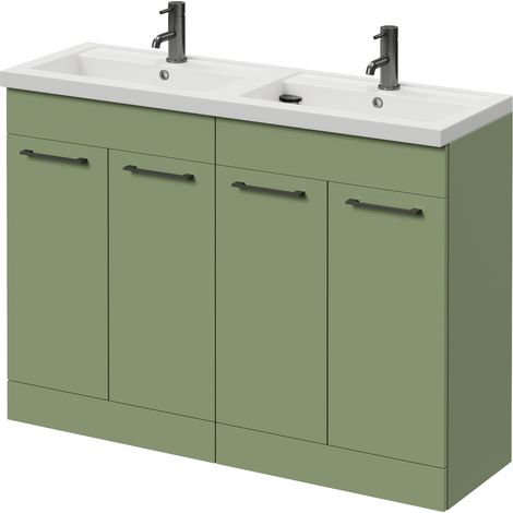 Napoli 390 Olive Green 1200mm 4 Door Vanity Unit with Double Lucia Basins - 1200mm - Gunmetal Grey 160mm Handle