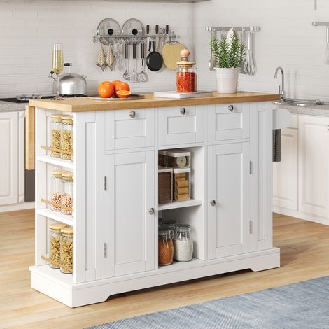 Îlot de cuisine mobile 132/40(70)/87 cm blanc/nature avec plateau extensible et prise USB (1/5)