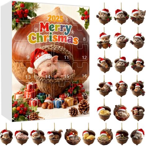 Calendrier de l'Avent 2025 - Pendentif en acrylique 2D - Décoration de 24 jours - Animaux de Noël - Décoration de l'Avent - Pour rétroviseur de voiture, mur, fenêtre, porte, adultes et (1/5)