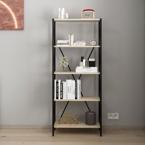 Librería Axel con estructura de metal negro y 5 estantes de roble sonoma