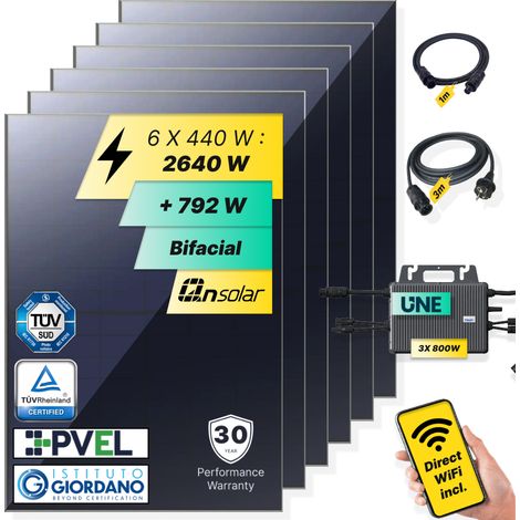 ROBINSUN®️ Kit Solar Enchufable Performance Basic (Sin Fijaciones) 2.640Wp, 6 paneles QN 440Wp + 3 Microinversores 800W con Wifi incluído + Cable 3m (1/5)