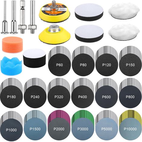Lot de 143 embouts de polissage pour visseuse sans fil, 75 mm, papier abrasif humide et sec  Disques abrasifs de 5 cm (1/5)