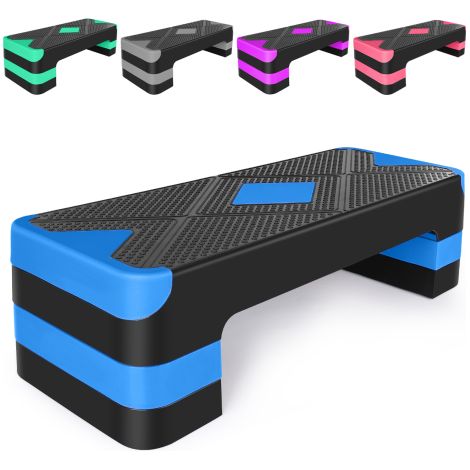 Step per esercizi aerobici regolabile, piattaforma per allenamento aerobico, pedana da 68,5 cm/27" con rialzi regolabili in altezza da 10 cm/4", 15 cm/6" e 20 cm/8" (blu) (1/5)