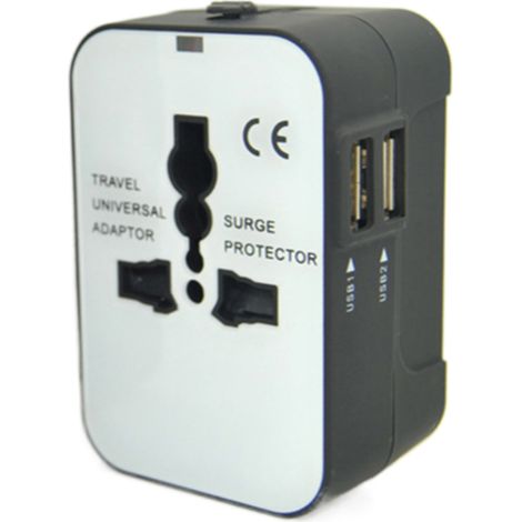Adaptateur de voyage universel compatible avec plus de 150 pays, prises UK/USA/UE/Allemagne/AUS et 2 ports USB. (1/5)