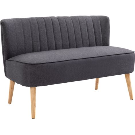 Canapé 2 Places en Tissu Effet Lin Sans Accoudoirs, Piètement en Bois, 117x56.5x77 cm, Gris Foncé