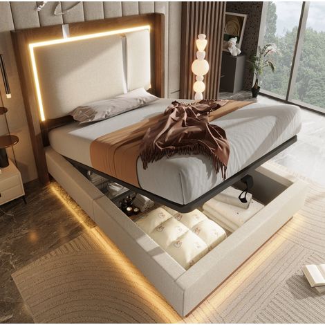 Cama 90x200 con canapé, LED y somier de láminas, hidráulica, beige y nogal HAVRYA (1/5)