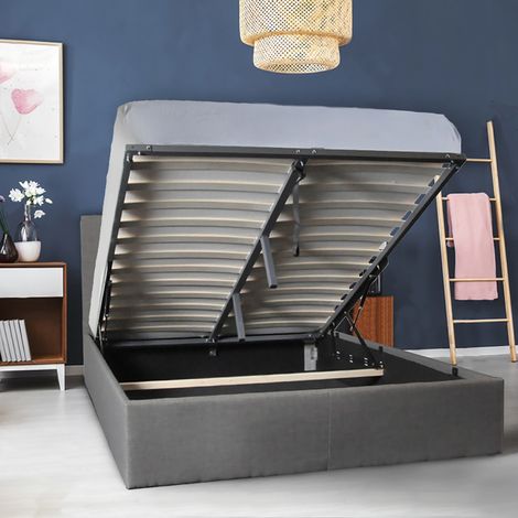 Le Quai Des Affaires – Lit coffre PARMA 160x200 – Grand coffre de rangement – Cadre MDF + tissu – Sommier 2x12 lattes en bois – Gris foncé – Dimensions 211x169x99 cm