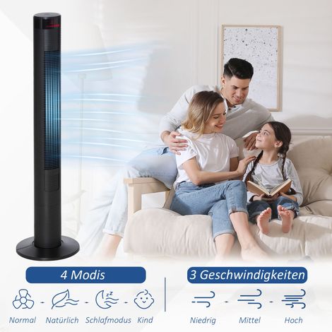 Ventilateur de sol avec télécommande : 45W, minuterie 12h, oscillation 70°, 3 niveaux de ventilation, diffuseur d'arôme, noir (31,5x31,5x117cm) (1/5)