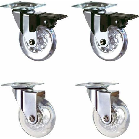 Jeu de 4 roulettes transparentes 50 mm avec frein pour le transport, faciles à déplacer, adaptées à toutes les surfaces (50 mm), revêtement en caoutchouc transparent, charge totale 160 kg. (1/3)
