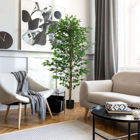 Pianta di ficus artificiale, alta 1,80 m, con tronco, rami, viticci, licheni e foglie, estremamente realistica, vaso incluso, colore verde.