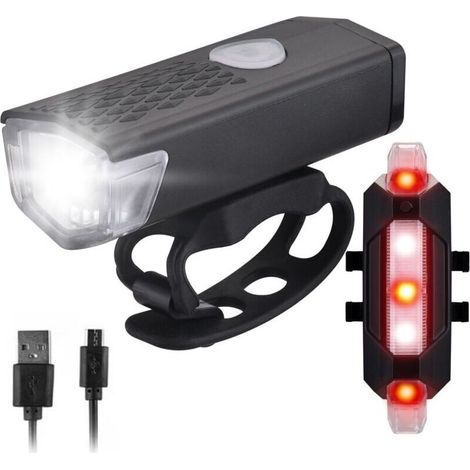 Phare vélo rechargeable USB + feu arrière étanche – Lot 2 pièces (avant + arrière), double éclairage puissant, noir (1/5)