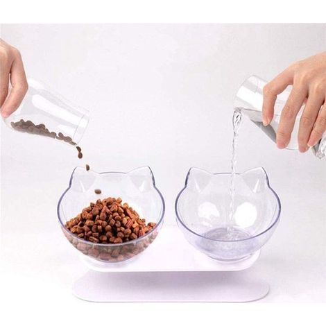 Gamelle surélevée pour chat – Mangeoire et abreuvoir – Support inclus – Blanc transparent – 1 pièce (1/5)
