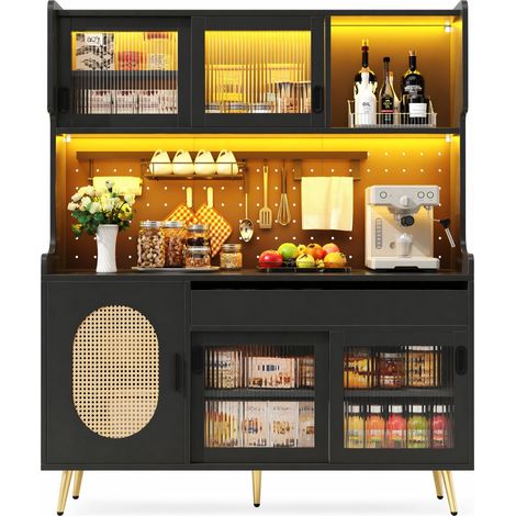 CHICFURN Credenza alta 145x39x171 cm in MDF nero con LED e contenitore da cucina (1/5)
