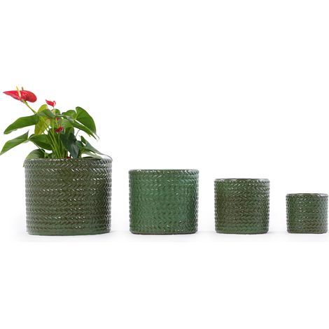 Pot de fleurs en céramique individuel de taille moyenne Ø31 cm, vert olive brillant avec motif à chevrons tout autour, respirant, résistant au gel avec trou de drainage pour plantes moyennes et herbes (1/5)