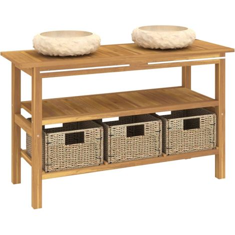 Armoire de salle de bain et lavabos en marbre crème Teck massif vidaXL (1/4)
