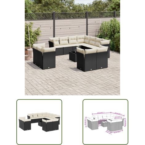 The Living Store 12-tlg. Garten-Sofagarnitur mit Kissen Schwarz Poly Rattan - Gartenmöbel Set - PE-Rattan Möbel - Outdoor Sofa - Esstisch - Lounge Set