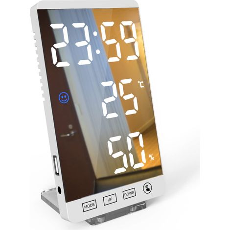 LED Miroir Réveil numérique avec 12 / 24H Affichage Température Humidité Luminosité Horloge Murale réglable pour Home Bedroom Office White (1/5)