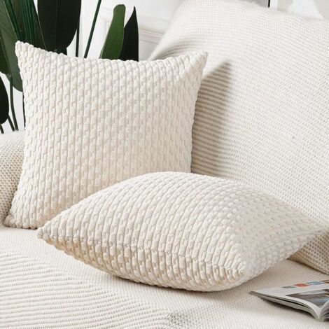 FENOPLASTICAEnsemble de deux housses de coussin bohèmes rayées en velours côtelé, housses de coussin décoratives douces, adaptées aux canapés et aux chambres, blanc cassé, 40 x 40 cm. (1/4)