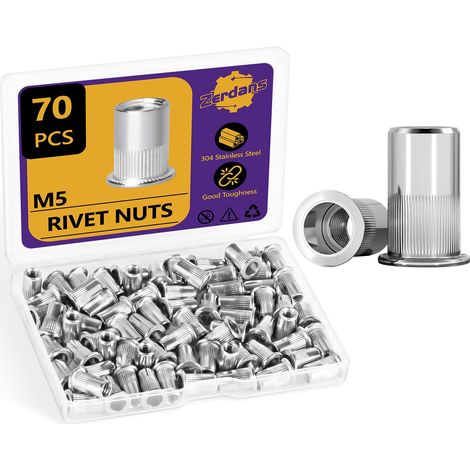 Lot de 70 écrous à rivets M5, écrou fileté métrique 304, finition en acier inoxydable 304, tête plate, corps moleté pour meubles automobiles (M5-0,8 mm) (1/5)