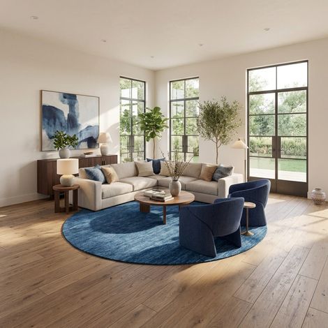 Tapis Gabbeh tissé Tapis Uni - Tapis en laine - 200x200cm, Round - 100% Laine vierge - Tissé main - Bleu