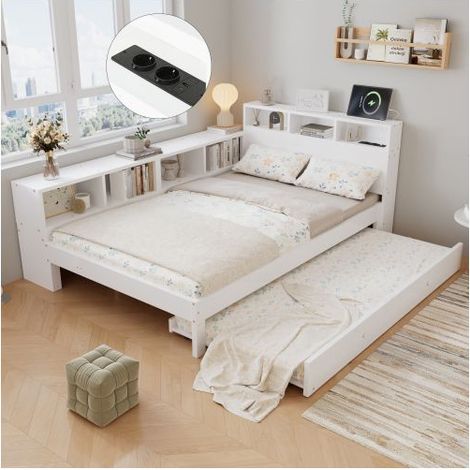 Lit gigogne 120x200 cm avec ses espaces de rangement - Lit double - station de charge USB et étagères latérales en bois massif blanc (1/5)