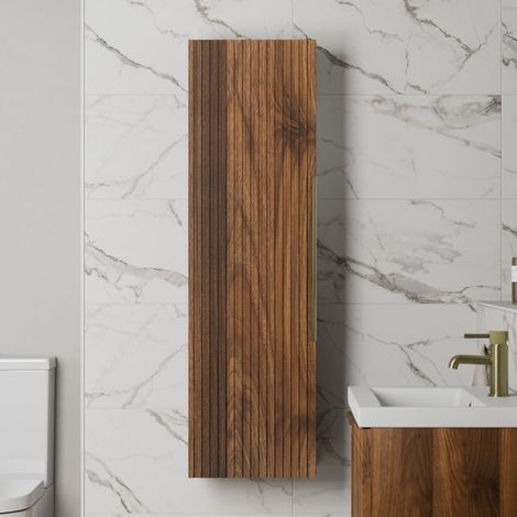 1200 x 350mm Fluted Wall Mounted Tall Bathroom Cabinet Storage Cupboard Walnut (1/5)