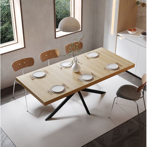 Tavolo da pranzo allungabile 140-180x80x76 cm, con contenitore nascosto, base in metallo, MDF, naturale (1/5)