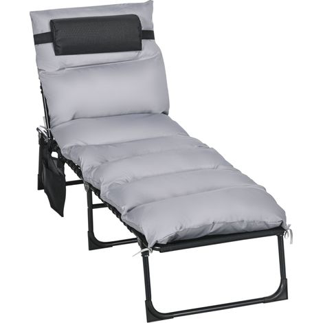 Chaise pliante de jardin 120 kg, dossier inclinable à 5 niveaux avec oreiller en acier gris clair 58 x 189 x 32, 5 cm (1/5)