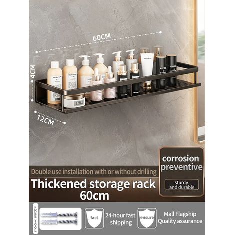 Étagère murale en aluminium (noir, 60 cm) pour salle de bain, rangement pour shampoing, organisateur de cuisine. (1/5)