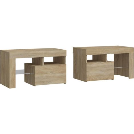 Juego de 2 mesitas de noche con luces LED con compartimento con puerta 70 x 36,5 x 40 cm madera contrachapada color roble DEC035438