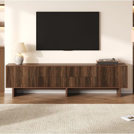 Mobile TV in truciolare color noce scuro 180 x 40 x 56 cm con 4 cassetti, 2 ante e design ondulato per TV fino a 75" (1/5)