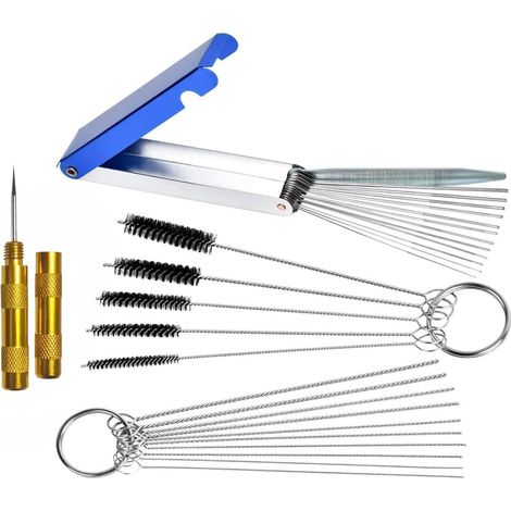 Carburetor nozzle cleaning kit includes 13 cleaning wires, 10 cleaning needles, 5 nylon brushes, and 1 pointed tool. Suitable for motorcycles, ATVs, mopeds, welding machines, carburetors, chainsaws, s (1/5)